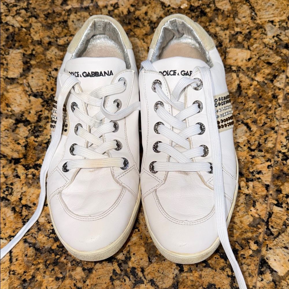 Dolce & Gabbana White Leather Sneakers with Silver Crystal Stripe